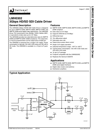 National LMH0302 3Gbps HD/SD SDI Cable Driver Manual - cover page