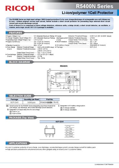 RICOH R5400N Series Li-ion/polymer 1Cell Protector Datasheet - cover page