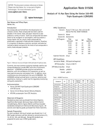 Varian 320-MS Triple Quadrupole LC/MS/MS Application Note for Azo Dye Analysis - cover page