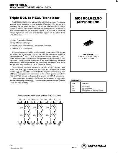 Motorola MC100LVEL90/MC100EL90 Triple ECL to PECL Translator Datasheet - cover page