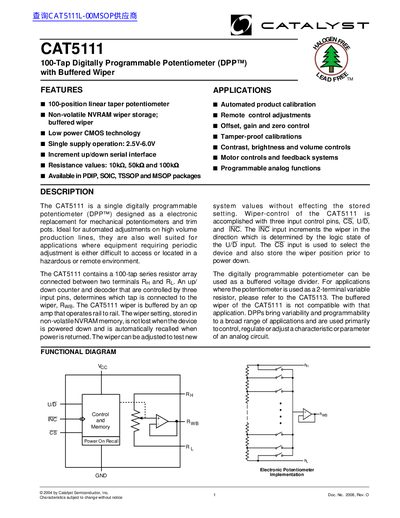 Catalyst CAT5111 Digitally Programmable Potentiometer Datasheet