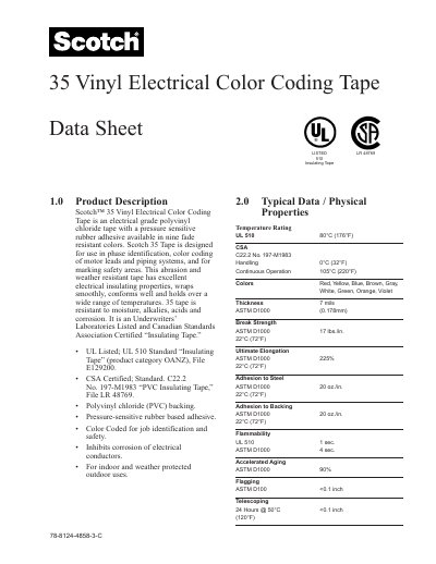 3M Scotch 35 Vinyl Electrical Color Coding Tape Data Sheet - cover page