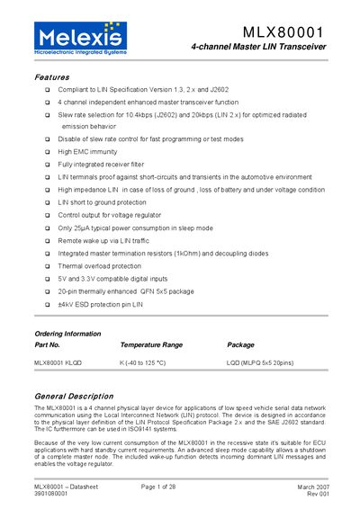 Melexis MLX80001 Master LIN Transceiver Datasheet - cover page