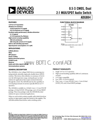 Analog Devices ADG884 Dual SPDT Switch Datasheet - cover page