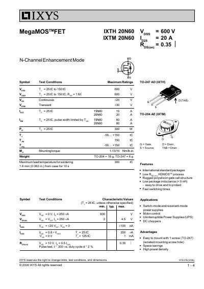 IXYS IXTH 20N60 / IXTM 20N60 MOSFET Datasheet - cover page