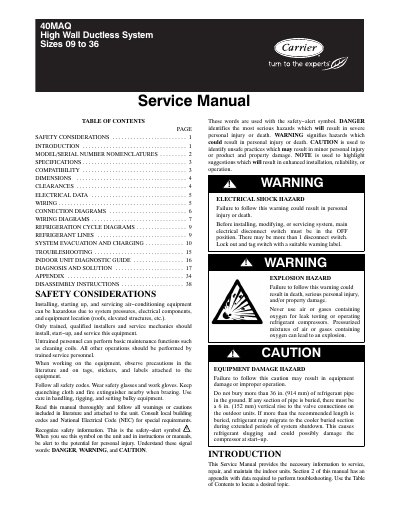 40MAQ High Wall Ductless System Service Manual Sizes 09 to 36