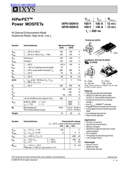 IXYS IXFK100N10/IXFN150N10 Power MOSFET Datasheet - cover page