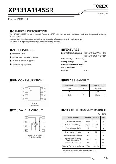 Torex XP131A1145SR Power MOSFET Datasheet - cover page