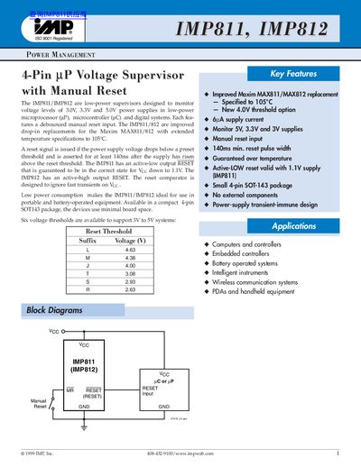 IMP IMP811/IMP812 Power Management Supervisor Datasheet - cover page