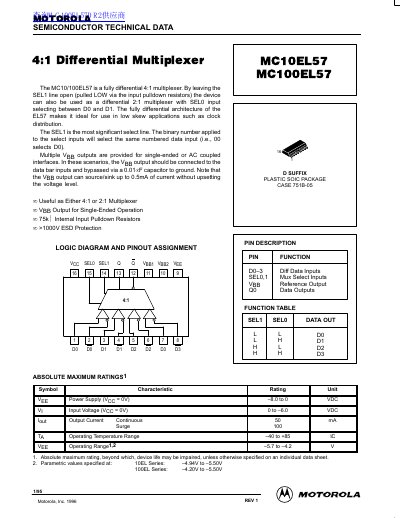 Motorola MC10EL57/MC100EL57 4:1 Differential Multiplexer Datasheet - cover page