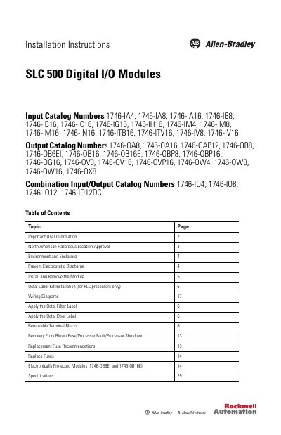 Rockwell Automation SLC 500 Digital I/O Modules Installation Instructions - cover page
