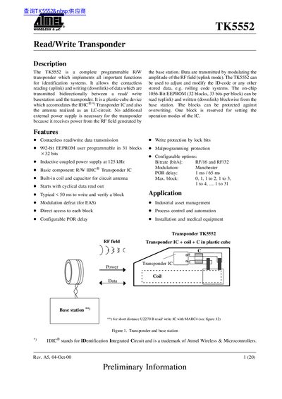 Atmel TK5552 Read/Write Transponder Datasheet - cover page