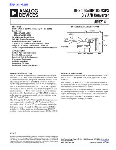 ANALOG DEVICES 10-Bit 65/80/105 MSPS 3 V A/D Converter AD9214 handbook - cover page