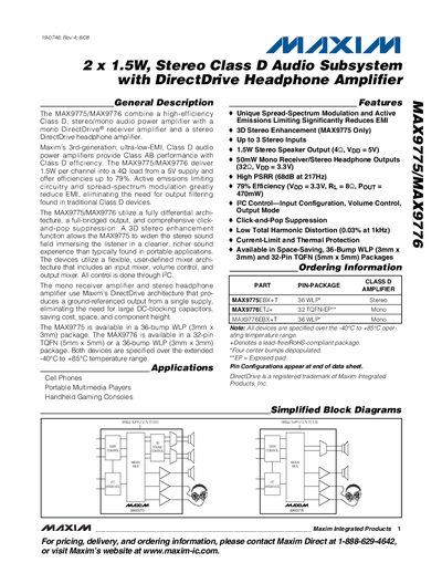 Maxim MAX9775/MAX9776 Stereo Class D Audio Subsystem with DirectDrive Headphone Amplifier Datasheet - cover page