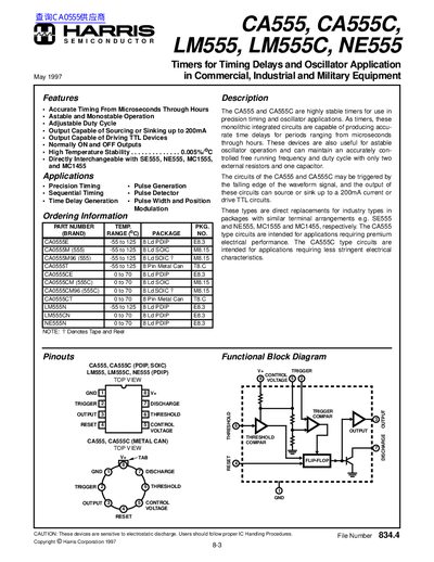 Harris CA555/CA555C/LM555/LM555C/NE555 Datasheet - cover page