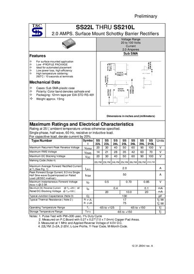 TSC SS22L‑SS210L Surface Mount Schottky Barrier Rectifiers Datasheet - cover page