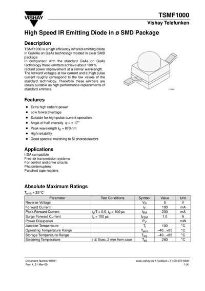 Vishay TSMF1000 High Speed IR Emitting Diode SMD Package Datasheet - cover page