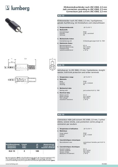LUMBERG Klinkensteckverbinder nach JISC 6560 2 5 mm Jack connectors according to JISC 6560 2.5 mm Connecteurs jack suivant JISC 6560 2 5 mm handbook(2) - cover page