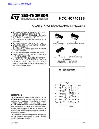 SGS-THOMSON HCC/HCF4093B Quad 2-Input NAND Schmitt Triggers Datasheet - cover page