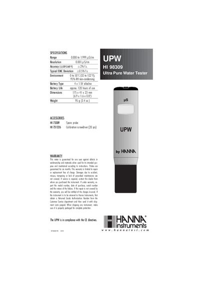 HANNA HI 98309 Ultra Pure Water Tester User Manual - cover page
