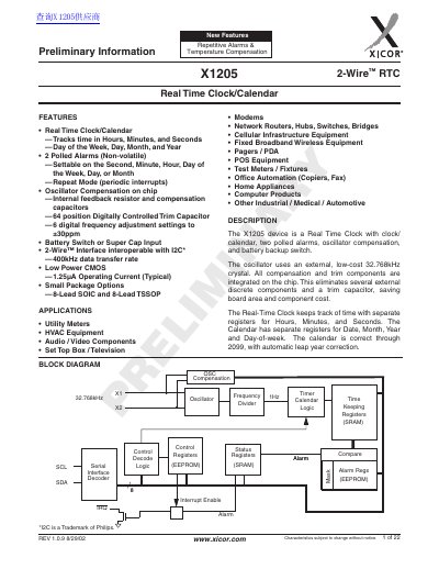 Xicor X1205 Real Time Clock/Calendar Datasheet - cover page
