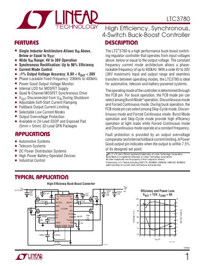 Linear Technology LTC3780 4‑Switch Buck‑Boost Controller Datasheet - cover page