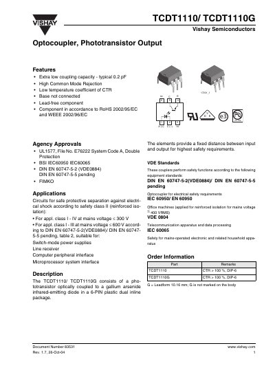 Vishay TCDT1110/TCDT1110G Optocoupler Datasheet - cover page