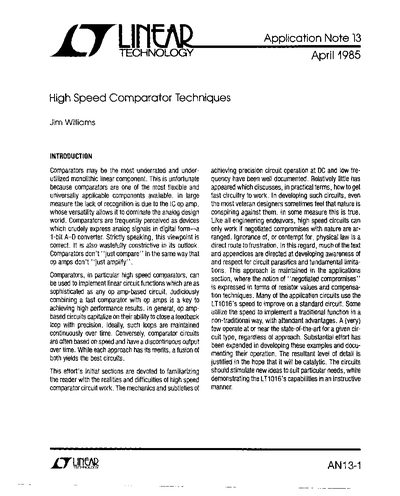 Linear Technology LT1016 High Speed Comparator Techniques Handbook
