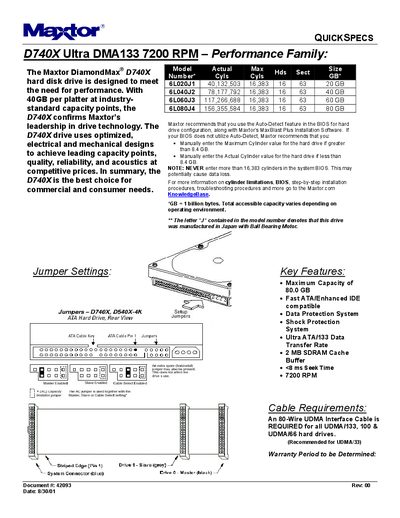 Maxtor D740X Hard Disk Drive Data Sheet - cover page