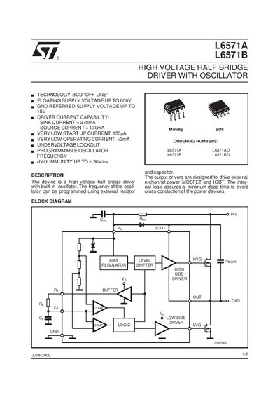 STMicroelectronics L6571A/L6571B High Voltage Half Bridge Driver with Oscillator Datasheet - cover page