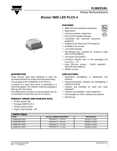 Vishay VLMKE340 Bicolor SMD LED PLCC-4 Datasheet - cover page