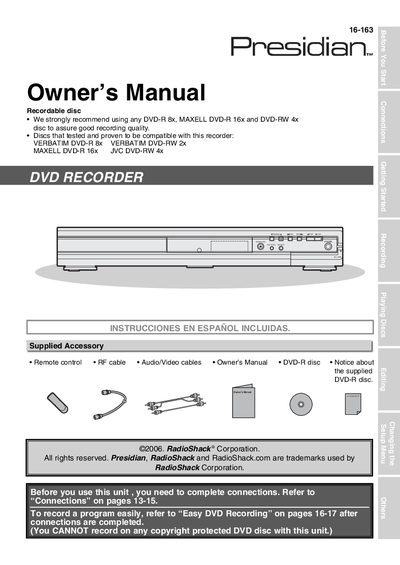 Presidian DVD Player Owner's Manual - cover page