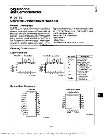 National Semiconductor F100170 Universal Demultiplexer/Decoder Datasheet - cover page
