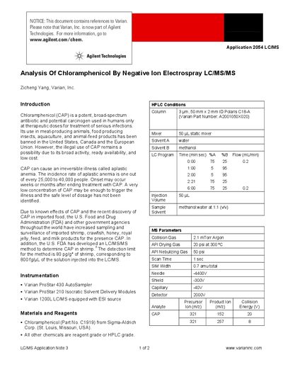 Agilent 1200L LC/MS Chloramphenicol Analysis Application Note - cover page