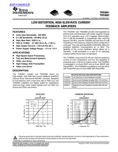 Texas Instruments THS3061/THS3062 Low-Distortion High Slew-Rate Current Feedback Amplifiers Datasheet - cover page