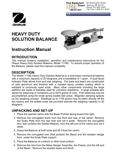Ohaus 1119D Heavy Duty Solution Balance Instruction Manual - cover page