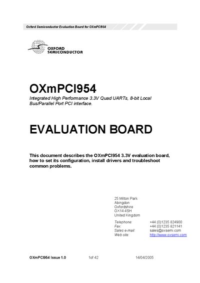 Oxford Semiconductor OXmPCI954 Evaluation Board User Manual - cover page