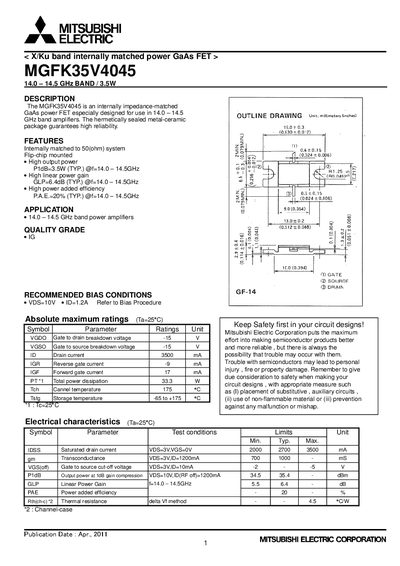Mitsubishi MGFK35V4045 GaAs Power FET Datasheet - cover page
