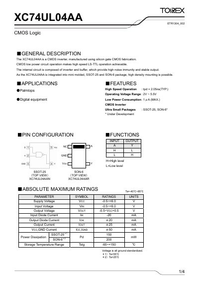 Torex XC74UL04AA CMOS Logic Inverter Datasheet - cover page