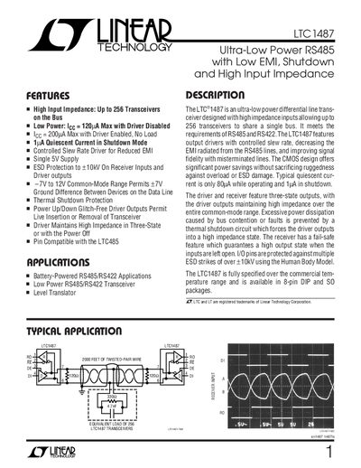 Linear Technology LTC1487 Differential Line Transceiver Datasheet - cover page