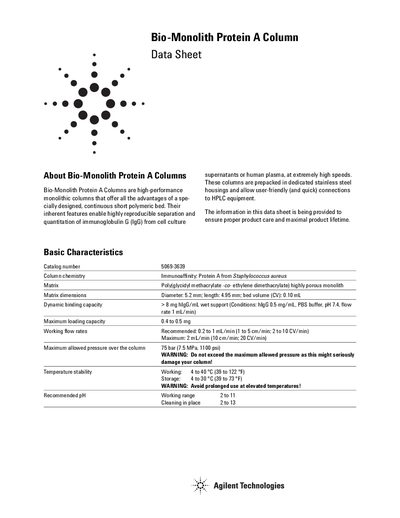 Agilent Bio-Monolith Protein A Column 5069-3639 Datasheet - cover page