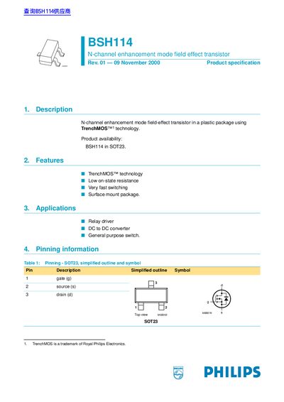 Philips BSH114 N-Channel Enhancement Mode Field Effect Transistor Datasheet - cover page