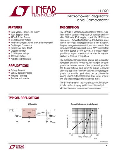 LINEAR TECHNOLOGY LT1020 sn1020 1020fcs Micropower Regulator Comparator Manual - cover page