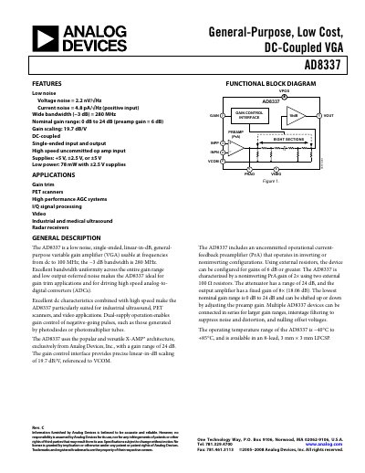 Analog Devices AD8337 Variable Gain Amplifier Datasheet - cover page