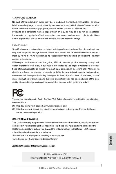 ASRock Q77M vPro Motherboard Installation Guide - cover page