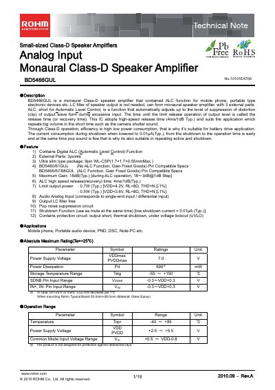 ROHM BD5466GUL Class‑D Speaker Amplifier Technical Note - cover page