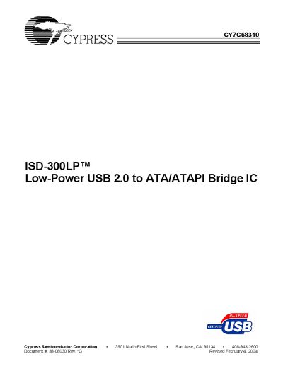 Cypress CY7C68310 ISD-300LP Low-Power USB 2.0 to ATA/ATAPI Bridge IC Datasheet - cover page