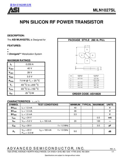ASI MLN1027SL NPN Silicon RF Power Transistor Datasheet - cover page