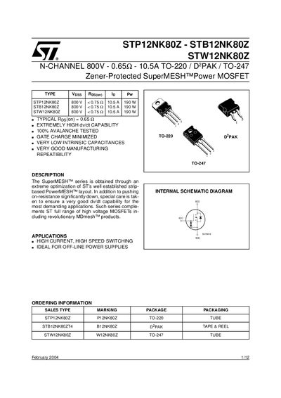 STMicroelectronics STP12NK80Z/STB12NK80Z/STW12NK80Z Handbook - cover page
