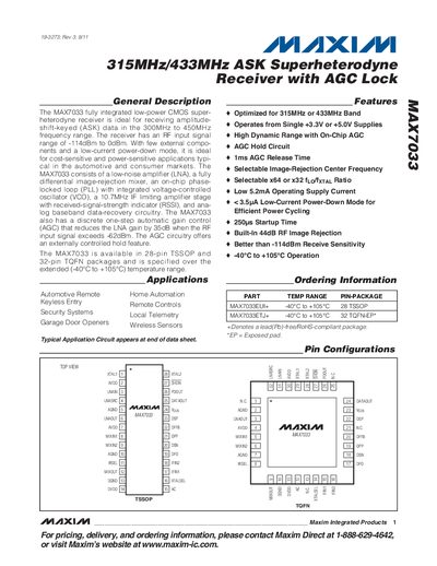 Maxim MAX7033 315MHz/433MHz ASK Superheterodyne Receiver with AGC Lock Datasheet